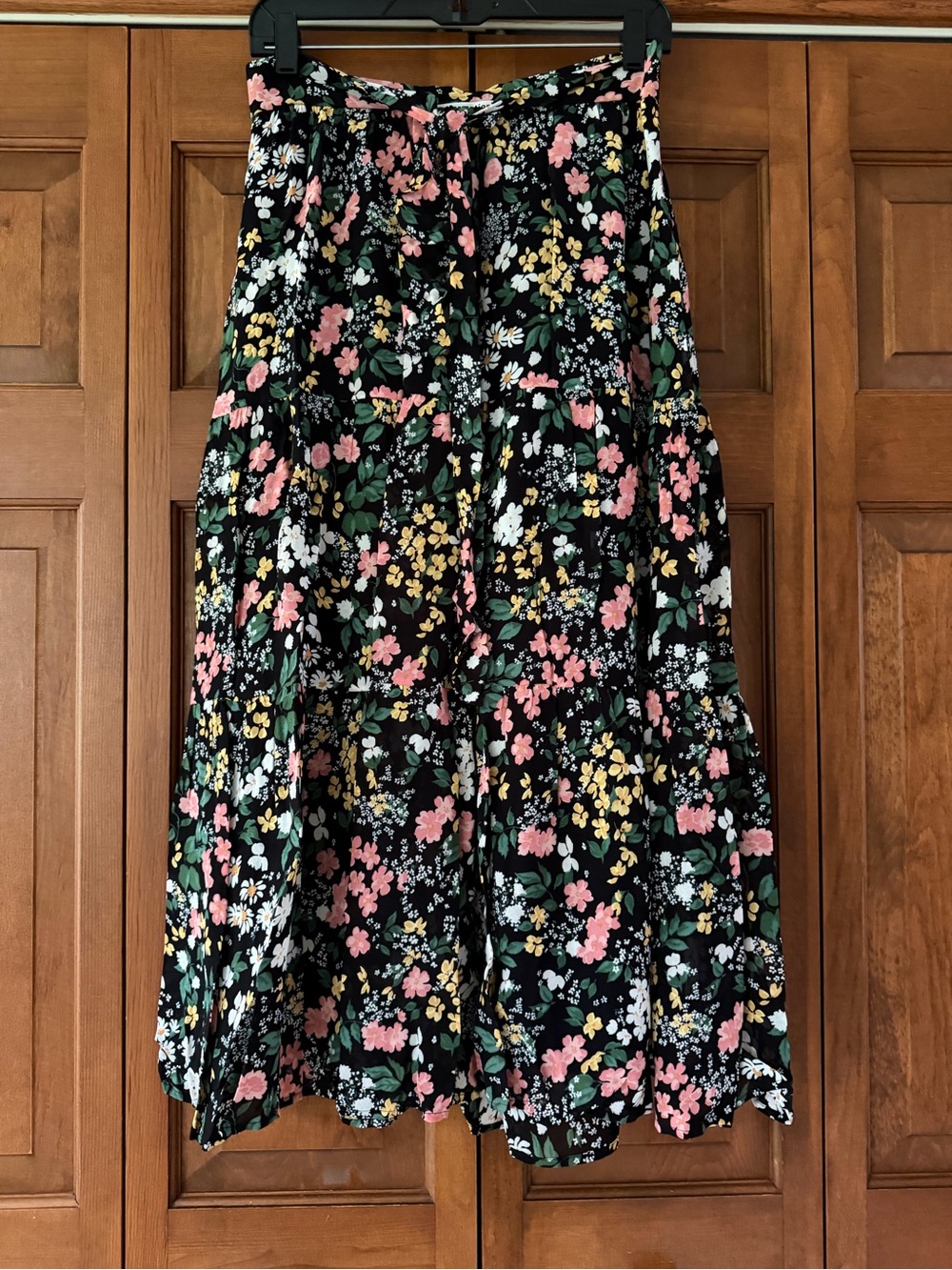 Reformation Black Floral Tiered Maxi Skirt with Pink, Yellow & Green Print